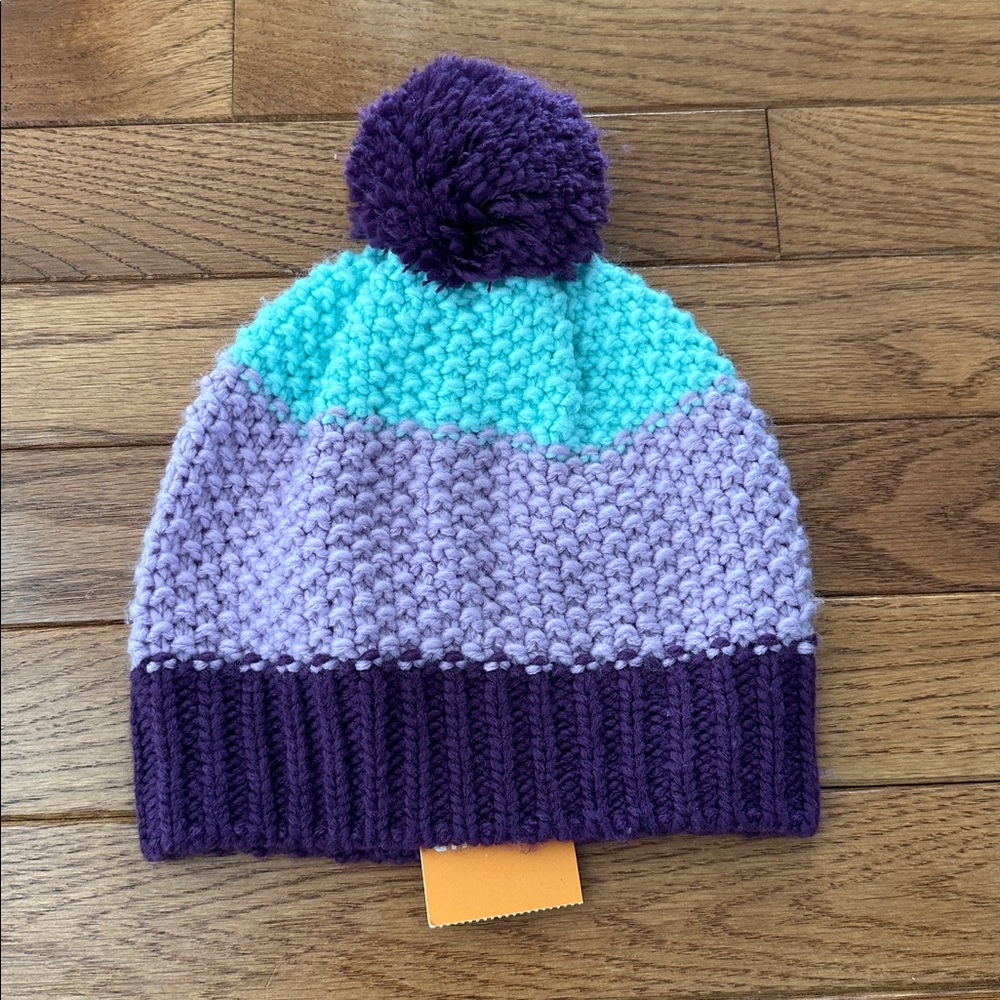🩵NWT GYMBOREE girls winter hat purple lavender turquoise stripes pom medium new
